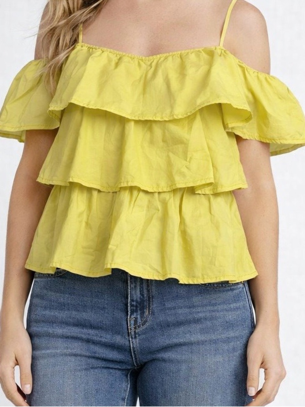 Symphony Yellow Ruffled Off-Shoulder Top Size M